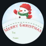 Merry Christmas Sneeuwman Gift label Sticker<br><div class="desc">Vrolijk Kerstmis Sneeuwman Gift label Sticker. Perfect cadeau label voor de kinder geschenken deze kerst. Personaliseer met hun namen of laat het tekstveld leeg als u geen naam wilt opgeven. Design beschikt over een vrolijke sneeuwpop met rode wollen wanten en pet met een groene geruite sjaal tegen een besneeuwde winterlucht....</div>