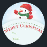 Merry Christmas Sneeuwman Gift label Sticker<br><div class="desc">Vrolijk Kerstmis Sneeuwman Gift label Sticker. Perfect cadeau label voor de kinder geschenken deze kerst. Personaliseer met hun namen of laat het tekstveld leeg als u geen naam wilt opgeven. Design beschikt over een vrolijke sneeuwpop met rode wollen wanten en pet met een groene geruite sjaal tegen een besneeuwde winterlucht....</div>