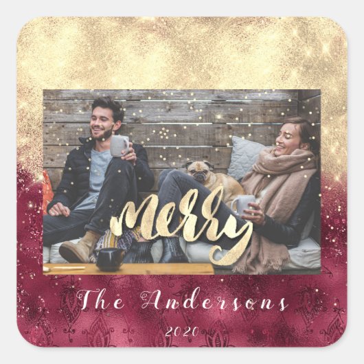 Merry Christmas Snow Confetti Bourgondië Gold Foto Vierkante Sticker (Voorkant)