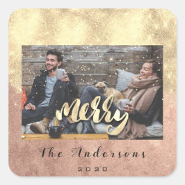 Merry Christmas Snow Confetti Roos Gold Foto Vierkante Sticker