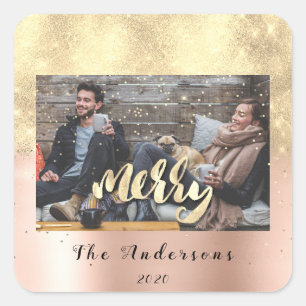 Merry Christmas Snow Confetti Roos Gold Foto Vierkante Sticker
