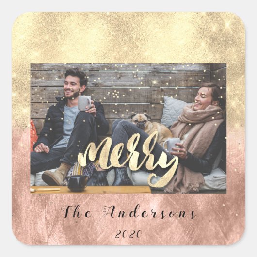 Merry Christmas Snow Confetti Spark Gold Foto Vierkante Sticker (Voorkant)