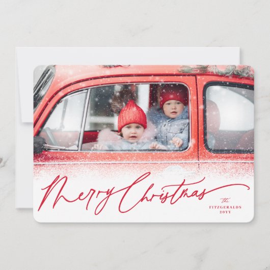 Merry Christmas Snow Dust Handschrift Script Foto Feestdagenkaart (Voorkant)