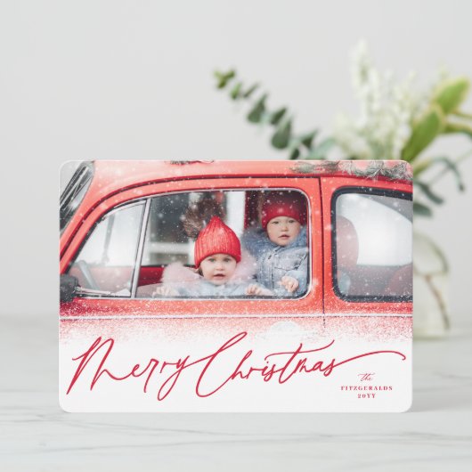 Merry Christmas Snow Dust Handschrift Script Foto Feestdagenkaart (Staand voorkant)
