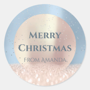 Merry Christmas Snow Roos Glitter Smoky Blue Ronde Sticker