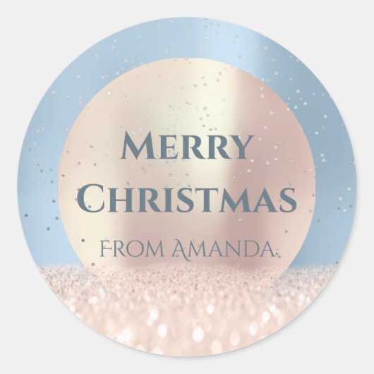 Merry Christmas Snow Roos Glitter Smoky Blue Ronde Sticker (Voorkant)