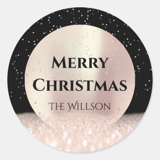 Merry Christmas Snow Roos Glitter Zwart Confetti Ronde Sticker (Voorkant)