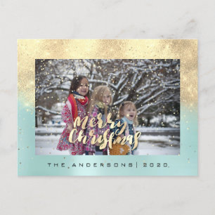 Merry Christmas Snow Roos Gold Aqua Foto Glitter Briefkaart