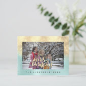 Merry Christmas Snow Roos Gold Aqua Foto Glitter Briefkaart (Staand voorkant)