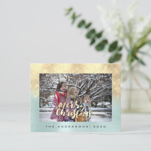 Merry Christmas Snow Roos Gold Aqua Foto Glitter Briefkaart (Staand voorkant)