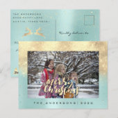 Merry Christmas Snow Roos Gold Aqua Foto Glitter Briefkaart (Voorkant / Achterkant)