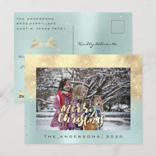 Merry Christmas Snow Roos Gold Aqua Foto Glitter Briefkaart (Voorkant / Achterkant)