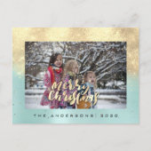 Merry Christmas Snow Roos Gold Aqua Foto Glitter Briefkaart (Voorkant)