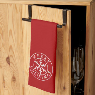 Merry Christmas Snowflake on Bright Red Theedoek