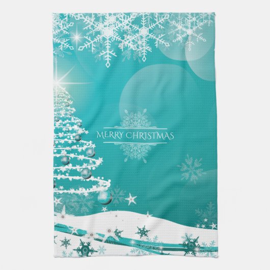 Merry Christmas Snowflakes Tree Flowers & Stars Theedoek (Verticaal)