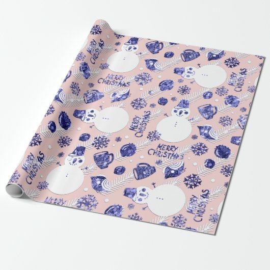 Merry Christmas Snowman Coffee Mok Navy Wit Roze Cadeaupapier (Uitgerold)