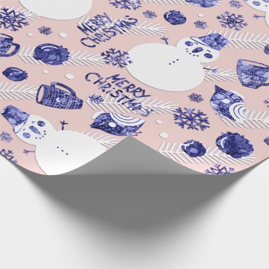 Merry Christmas Snowman Coffee Mok Navy Wit Roze Cadeaupapier (Hoek)