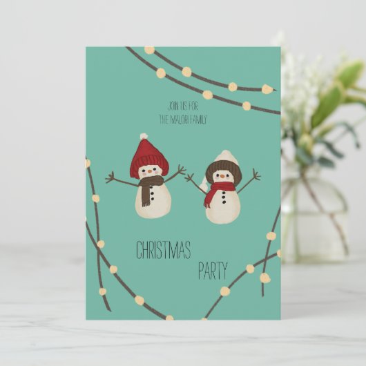 Merry Christmas Snowman Duo– Winter Lights on Teal Kaart (Staand voorkant)