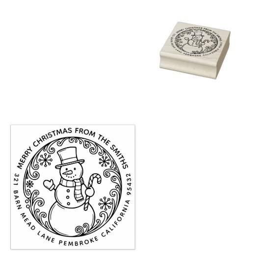 MERRY CHRISTMAS Snowman Familienaam Retour Adres Rubberstempel (Gestempeld)