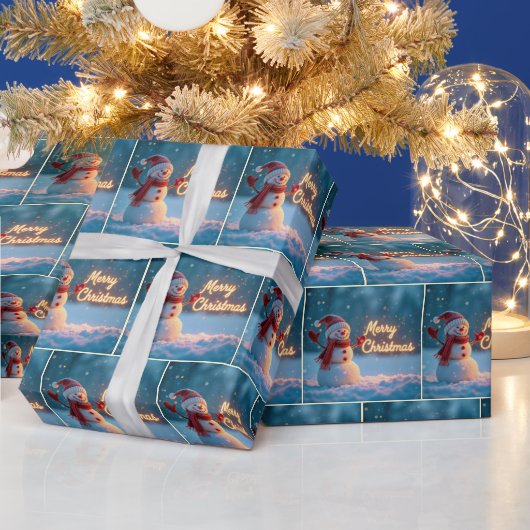 Merry Christmas Snowman with Neon Sign Cadeaupapier (Feestdagen)