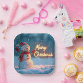 Merry Christmas Snowman with Neon Sign Papieren Bordje (Feest)