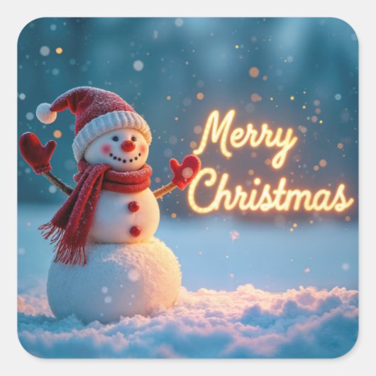 Merry Christmas Snowman with Neon Sign Vierkante Sticker (Voorkant)