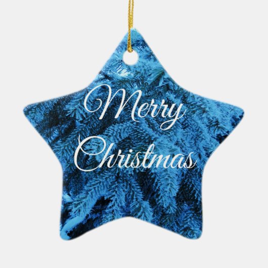 Merry Christmas Snowy Forest Spruce Star Keramisch Ornament (Voorkant)