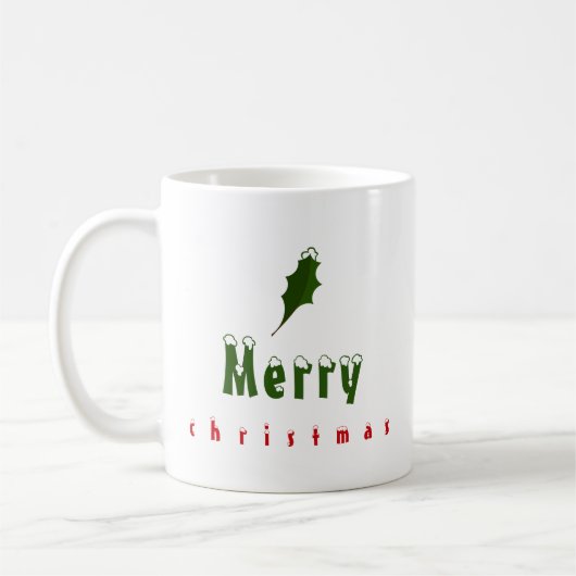 "Merry Christmas" Snowy Holly Leaf Red & Green Koffiemok (Links)