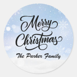 Merry Christmas Snowy Sky gepersonaliseerd Ronde Sticker