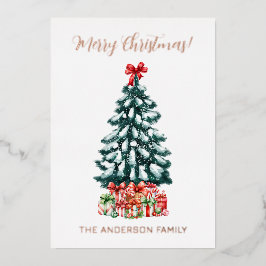 Merry Christmas Snowy Tree Rose Gold Folie Feestdagenkaart