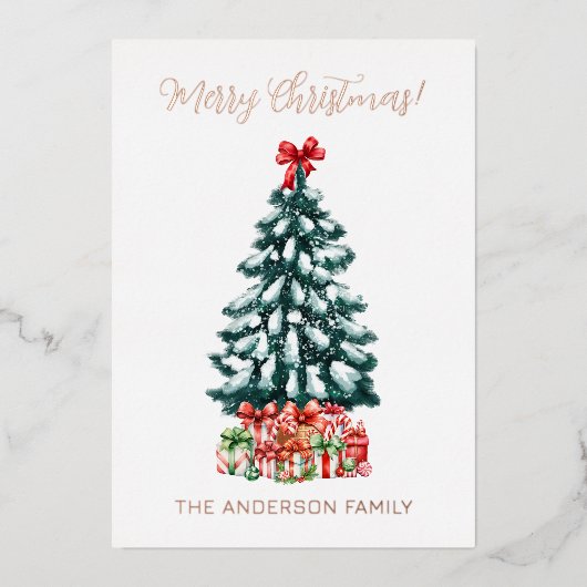 Merry Christmas Snowy Tree Rose Gold Folie Feestdagenkaart (Voorkant)