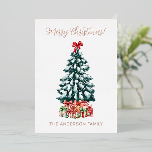 Merry Christmas Snowy Tree Rose Gold Folie Feestdagenkaart (Staand Voorkant)
