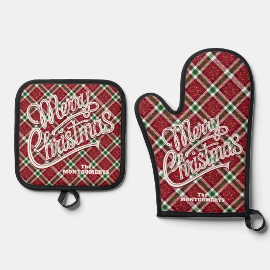 Merry Christmas Sparkly Plaid Ovenwant & Pannenlap Set (Voorkant)