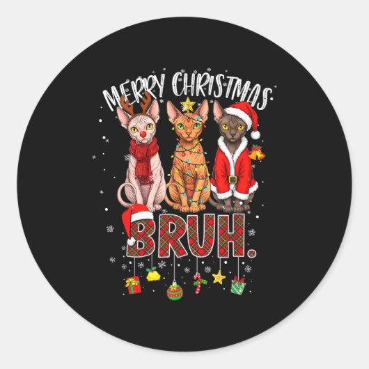 Merry Christmas Sphynx Cat Santa Reindeer Bruh Fun Ronde Sticker (Voorkant)