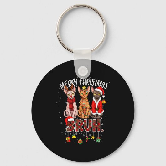 Merry Christmas Sphynx Cat Santa Reindeer Bruh Fun Sleutelhanger (Voorkant)