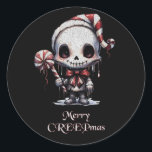 Merry Christmas Spooky Gothic Ronde Sticker<br><div class="desc">Dit unieke kunstwerk combineert de feestelijke vreugde van het seizoen met een speelse skelettwist,  waardoor een heerlijk griezelige uiting van feestvreugde ontstaat. Seizoen Creepings. Vrolijke Creepmas! 🎄 👹</div>