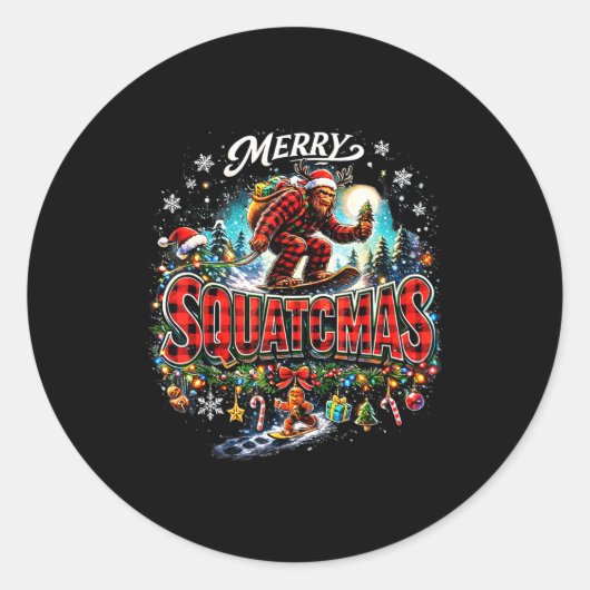 Merry Christmas Squatchmas Funny Bigfoot Snowboard Ronde Sticker (Voorkant)