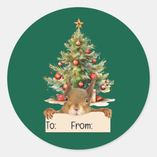 Merry Christmas Squirrel Christmas Tree To From Ronde Sticker (Voorkant)