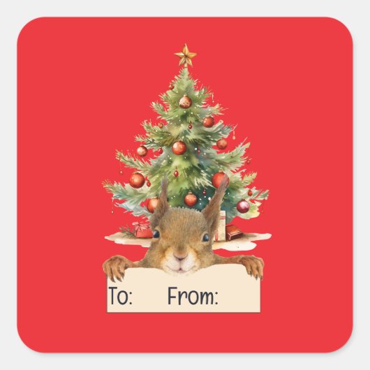 Merry Christmas Squirrel Christmas Tree To From Vierkante Sticker (Voorkant)
