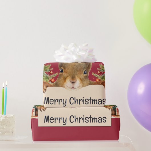 Merry Christmas Squirrel Two Christmas Trees Cadeaupapier (Feestgeschenken)