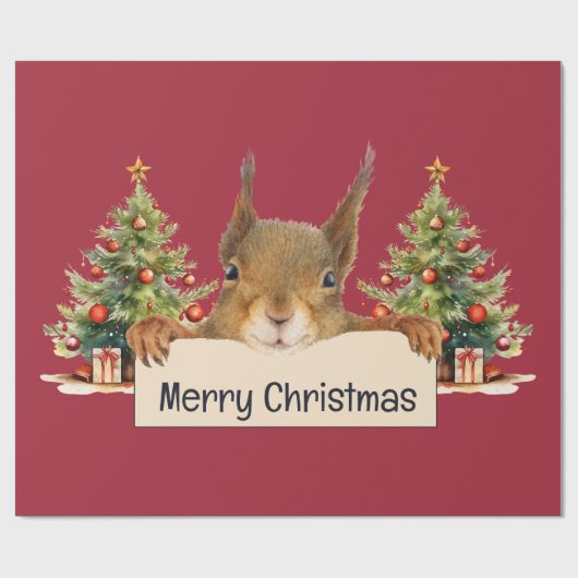 Merry Christmas Squirrel Two Christmas Trees Cadeaupapier (Vlak)