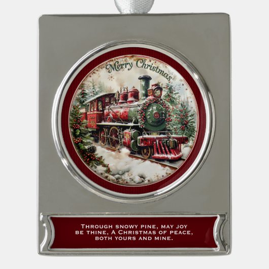 Merry Christmas Steam Train – Festive Journey Verzilverd Banner Ornament (Voorkant)