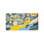 Merry Christmas Sterrennacht Dinos Label Stickers<br><div class="desc">Schattige Sinaasappel en Blauwe Dinosaurussen Vrolijke Kerst Sterrennacht Gift Label Stickers. Kleurrijke cartoon dinosaurussen Diplodocus in een opnieuw geschilderde versie van het bekende schilderij "Sterrennacht" van Vincent Van Gogh met de cartoon dino's kijken naar de sterretjes in de lucht 's nachts met aanpasbare tekst "Merry Christmas" cadeau label stickers. Deze...</div>