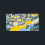 Merry Christmas Sterrennacht Dinos Label Stickers<br><div class="desc">Schattige Sinaasappel en Blauwe Dinosaurussen Vrolijke Kerst Sterrennacht Gift Label Stickers. Kleurrijke cartoon dinosaurussen Diplodocus in een opnieuw geschilderde versie van het bekende schilderij "Sterrennacht" van Vincent Van Gogh met de cartoon dino's kijken naar de sterretjes in de lucht 's nachts met aanpasbare tekst "Merry Christmas" cadeau label stickers. Deze...</div>