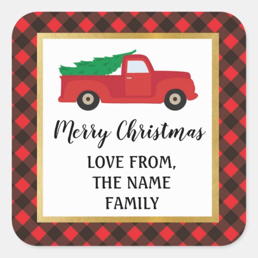 Merry Christmas Sticker Labels Red Plaid Truck (Voorkant)