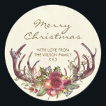 Merry Christmas sticker winter holly gepersonalise<br><div class="desc">Een prachtig rustiek ontwerp met gewei,  bessen en maretak maken deze Merry Christmas sticker perfect voor de vakantie / kerst seizoen. Eenvoudig te bewerken of te verwijderen van de tekstvelden aan uw vereisten. Sommige afbeeldingen gebruikt van reachDreams.etsy</div>