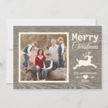 Merry Christmas Tan Rustic Wood Family Photo