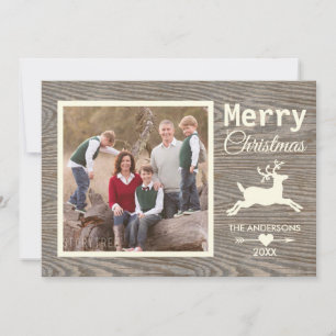Merry Christmas Tan Rustic Wood Family Photo Feestdagenkaart