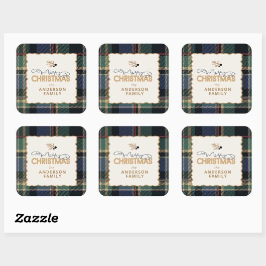 Merry Christmas Tartan Border ID1141B Vierkante Sticker (Vel)