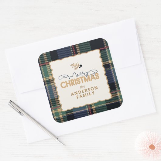Merry Christmas Tartan Border ID1141B Vierkante Sticker (Envelop)